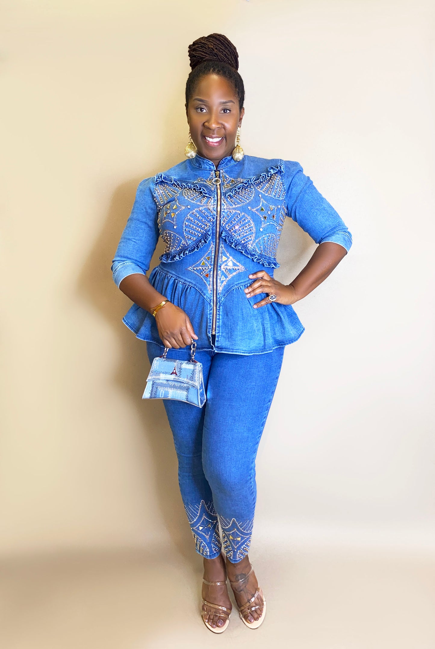 Peplum Denim Studded Pantsuit
