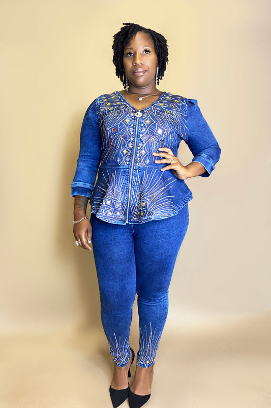 Flared Denim Studded Pantsuit