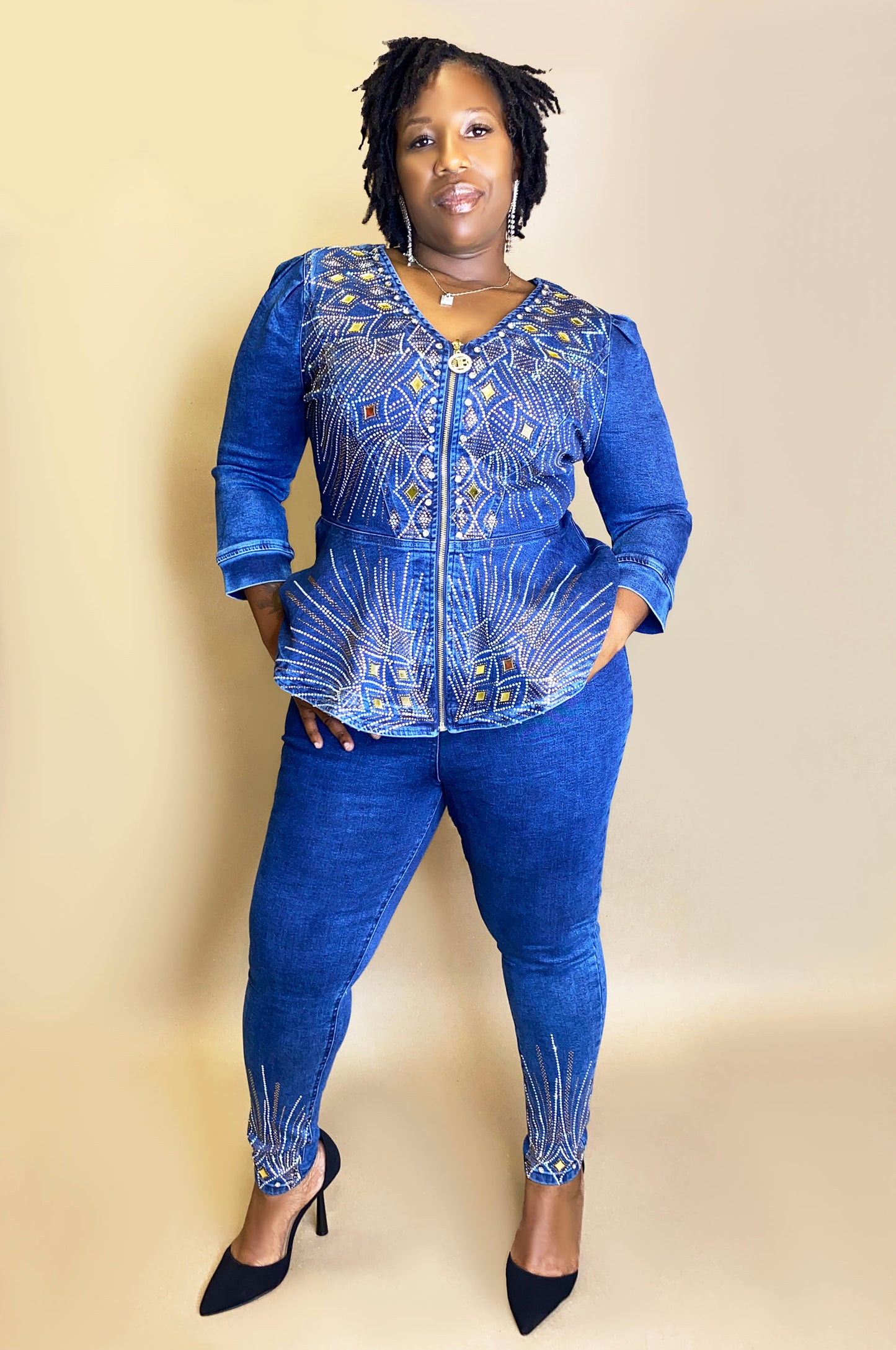 Flared Denim Studded Pantsuit