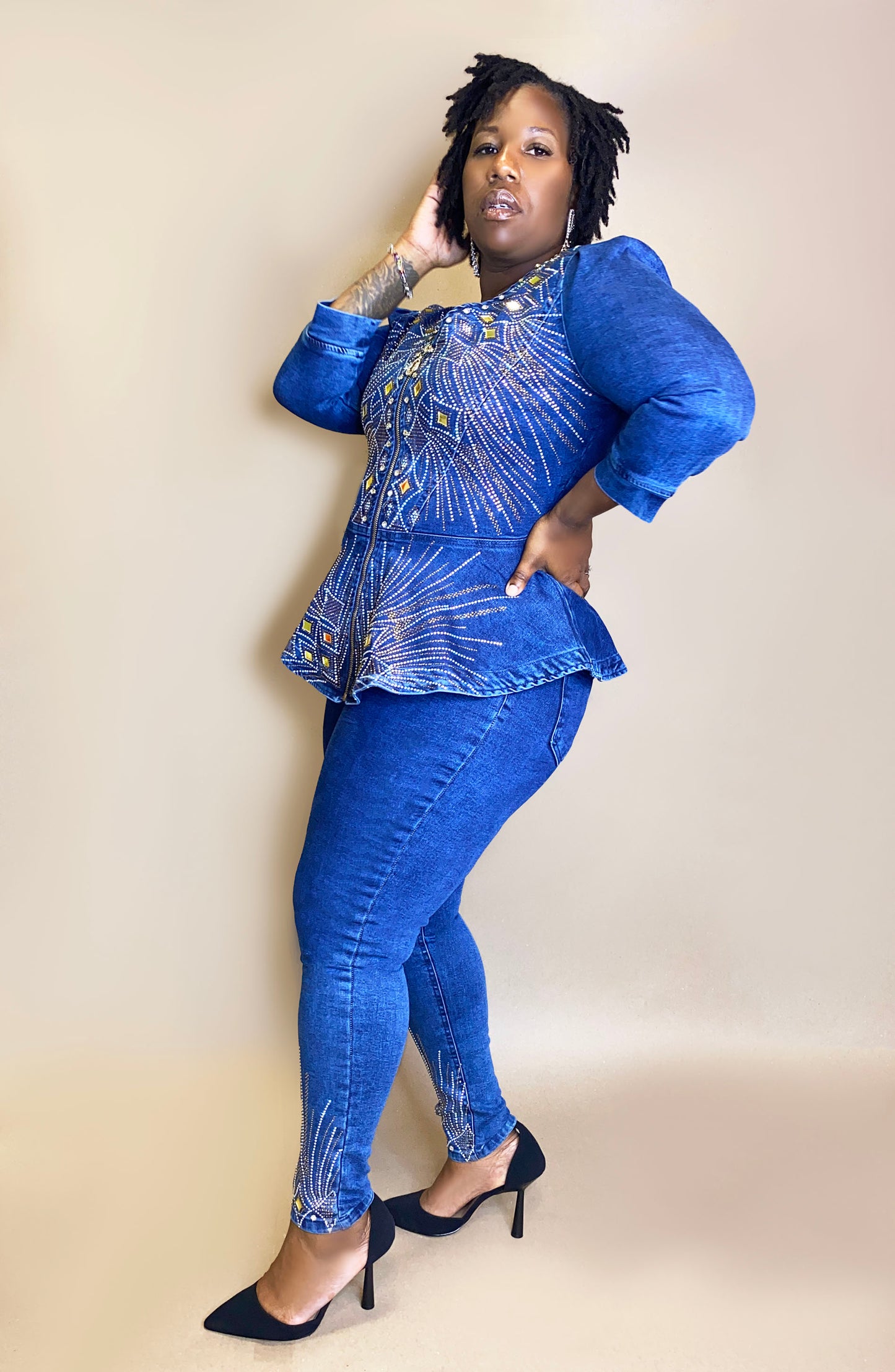 Flared Denim Studded Pantsuit