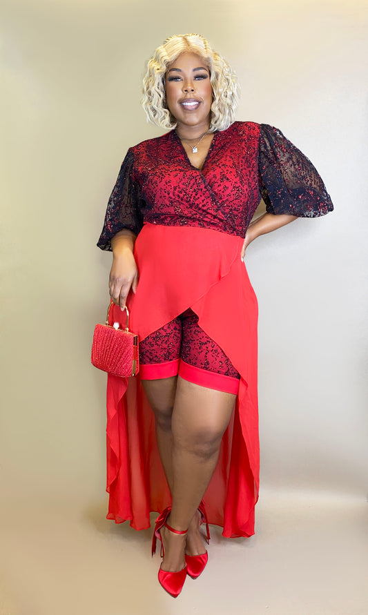 Shorts + Sequin Top W/ Silk Train