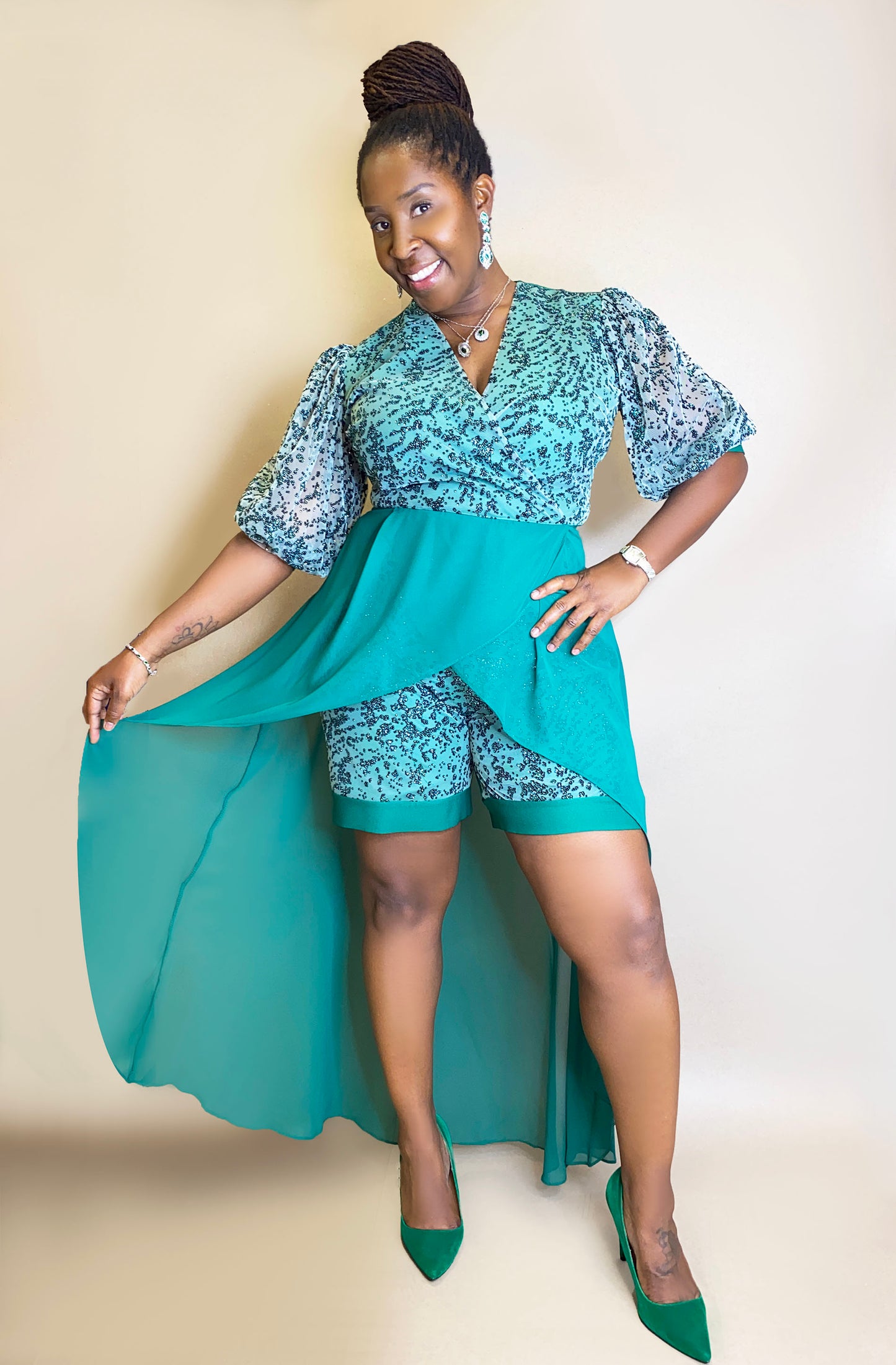 Shorts + Sequin Top W/ Silk Train