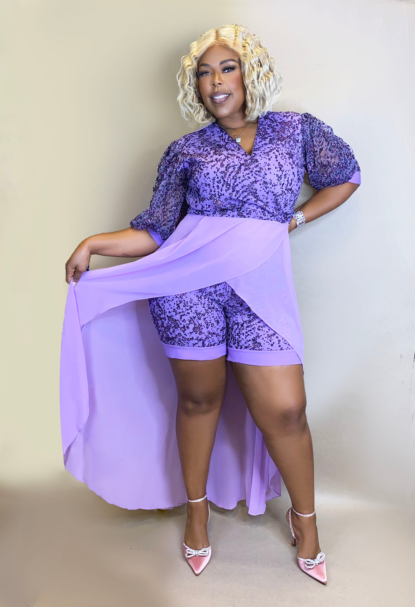 Shorts + Sequin Top W/ Silk Train