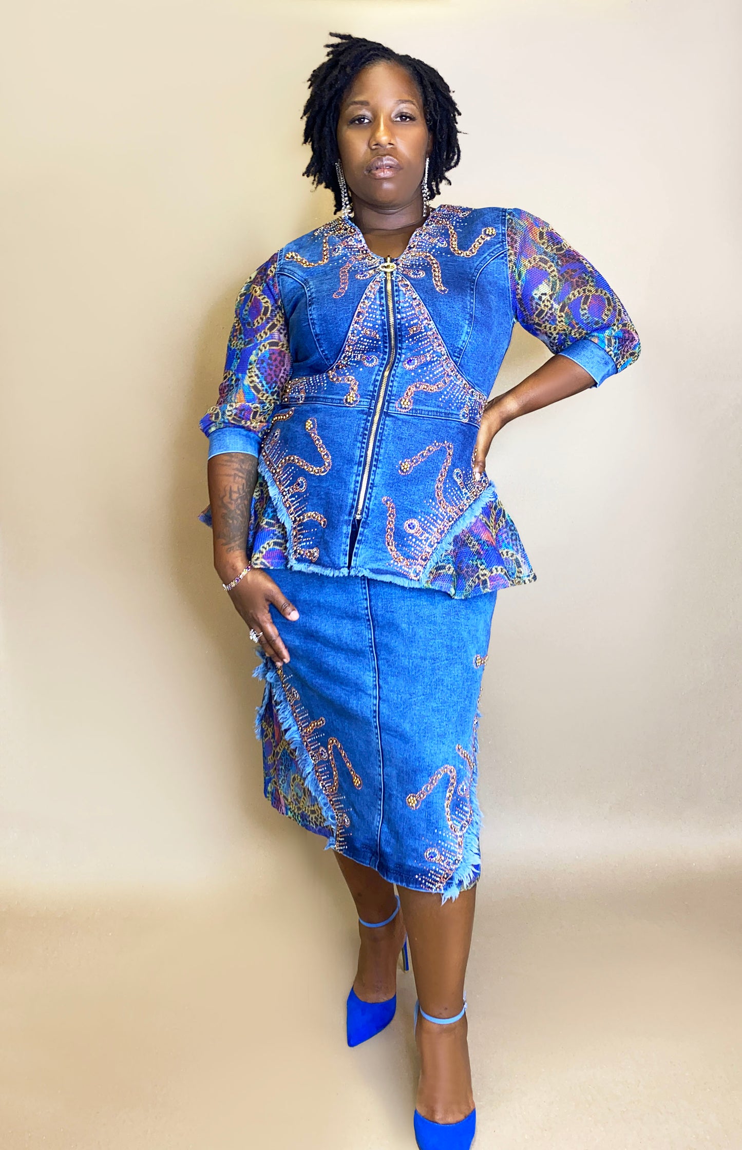 Denim Studded Skirtsuit W/ Graphic Lace Detail