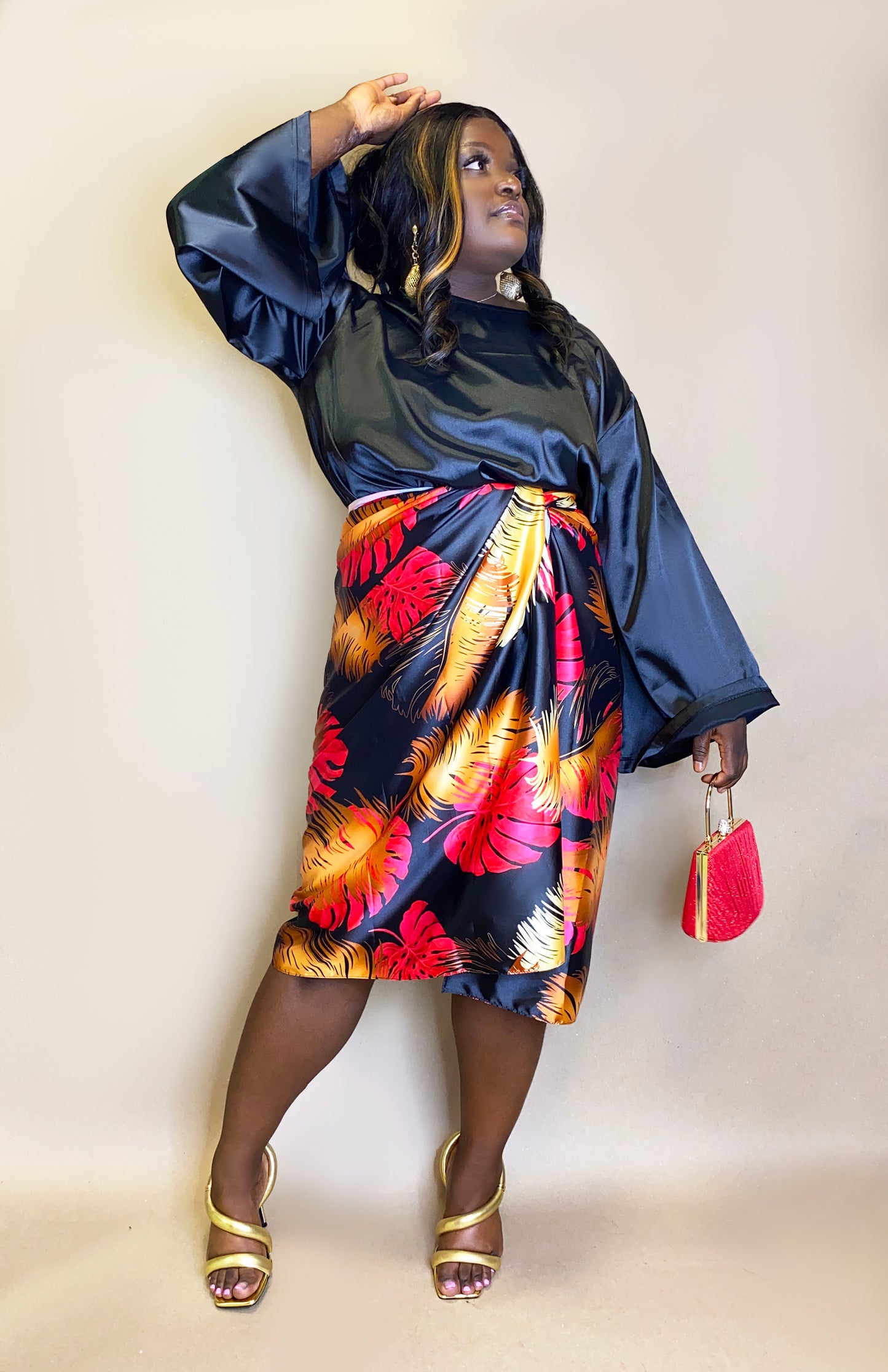 Silk Graphic Print Wrap-Skirt Set