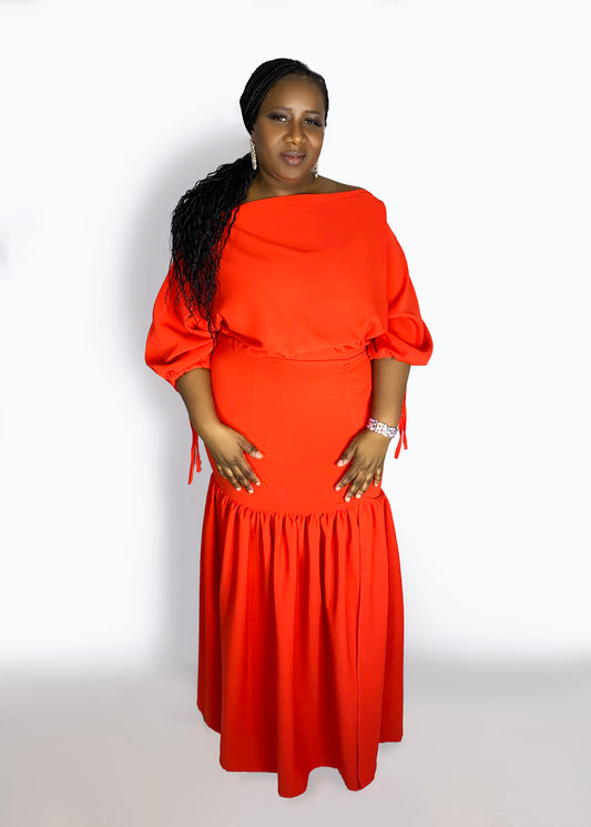 Off-Shoulder Crop Top + Ribbed Maxi Skirt