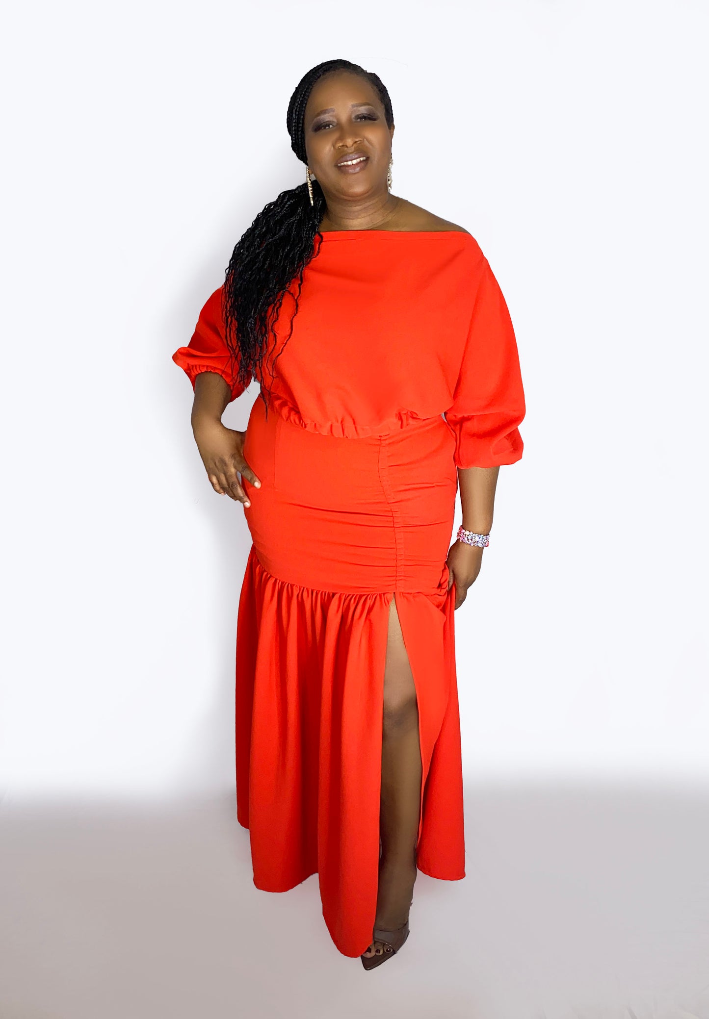 Off-Shoulder Crop Top + Ribbed Maxi Skirt