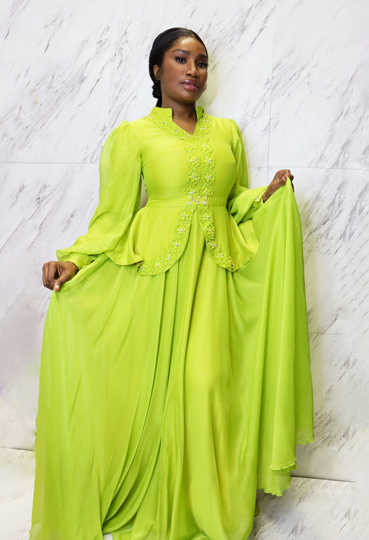 Lime Vintage Gown W/ Floral Embellishments