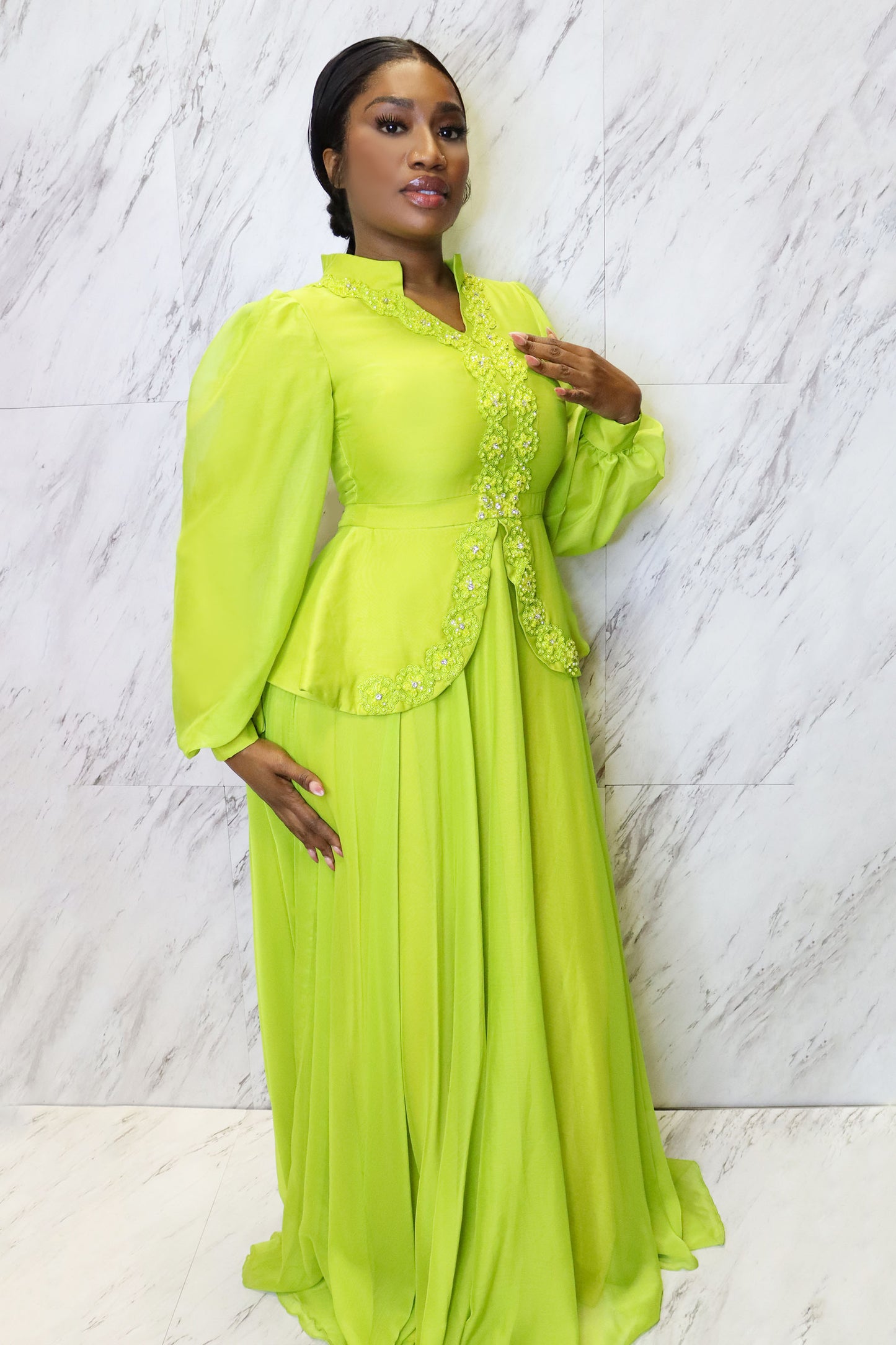 Lime Vintage Gown W/ Floral Embellishments