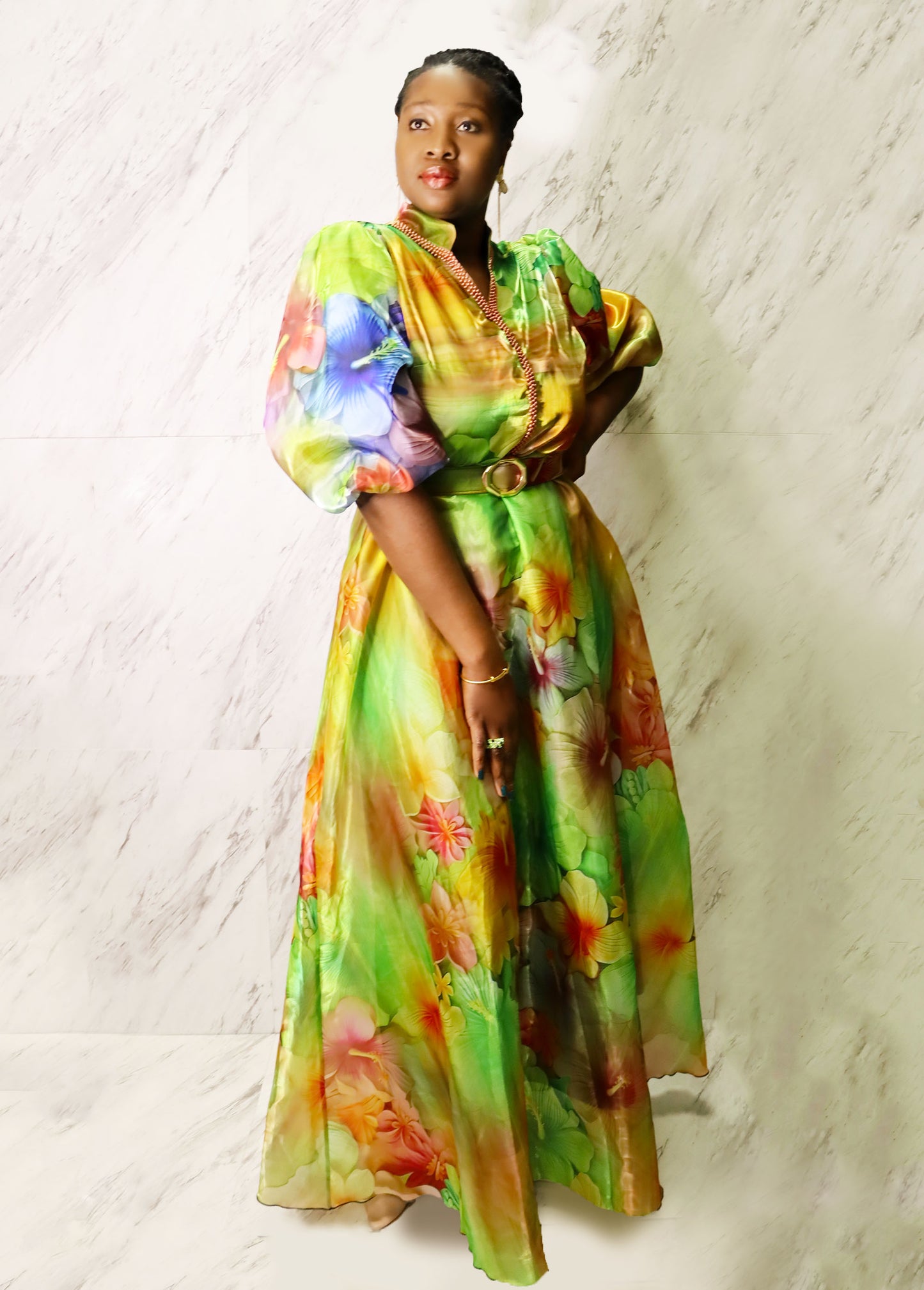 Green Floral Maxi Dress W/ Beaded Lining