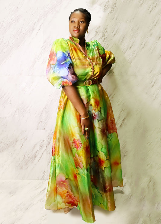 Green Floral Maxi Dress W/ Beaded Lining