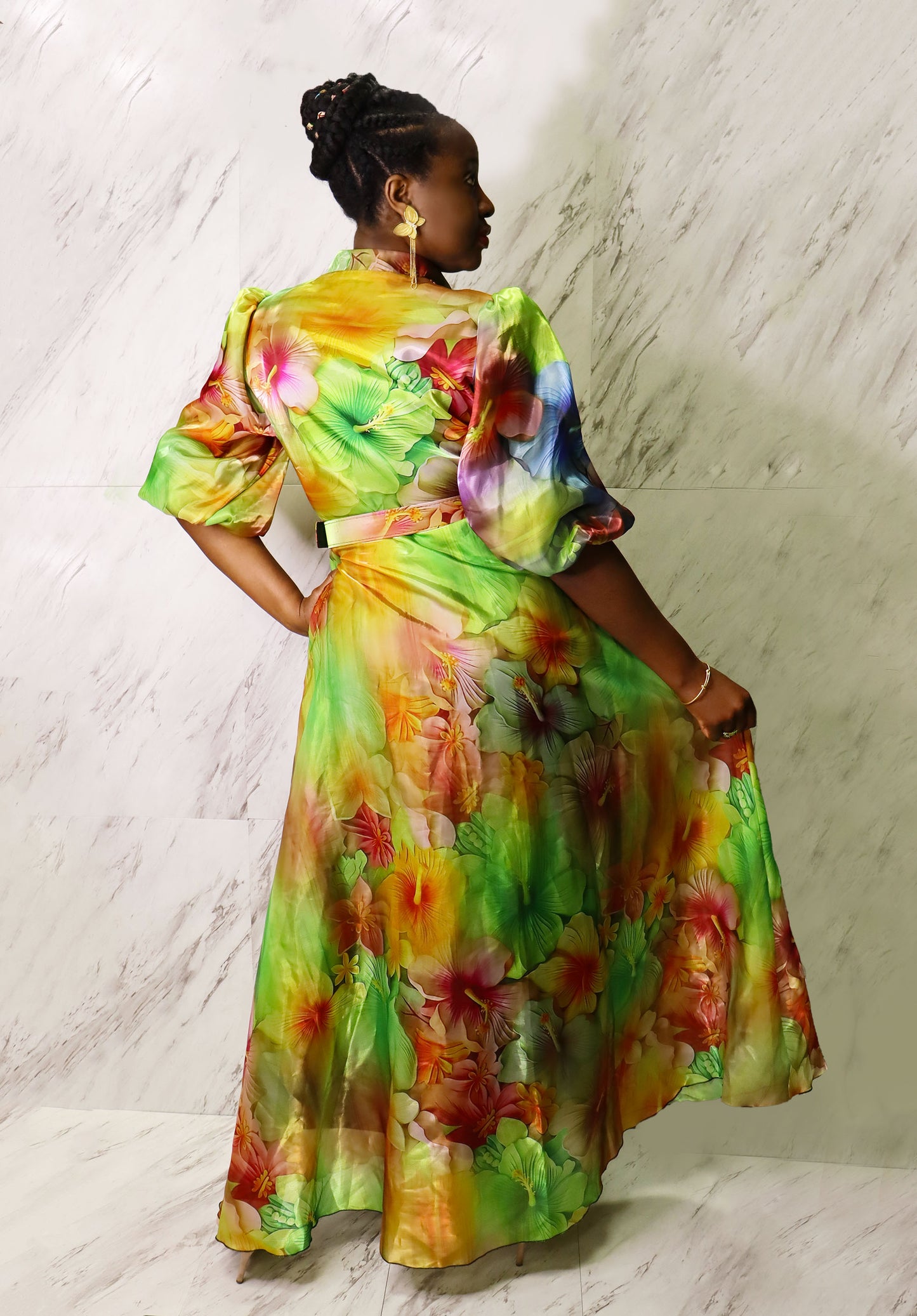 Green Floral Maxi Dress W/ Beaded Lining