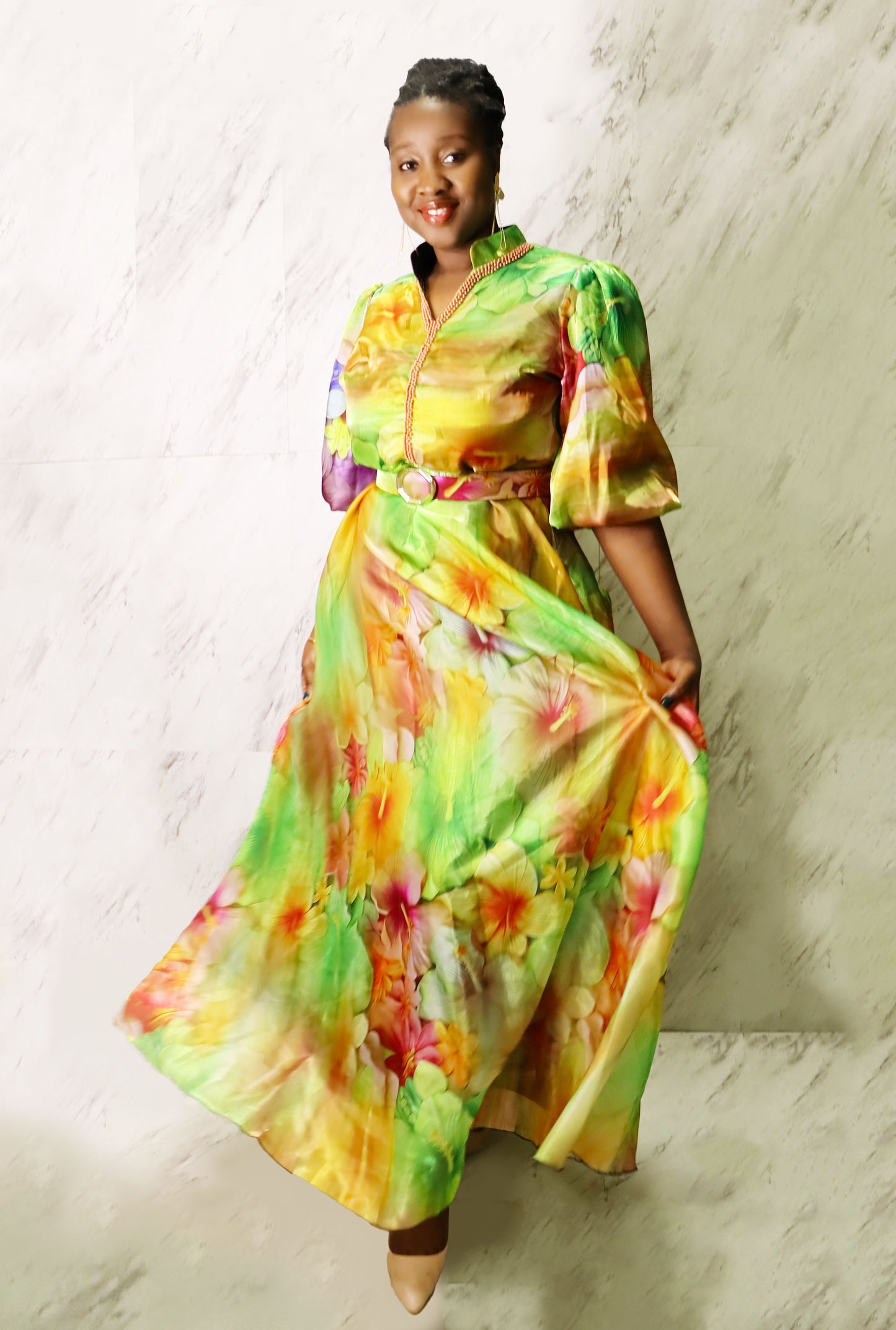 Green Floral Maxi Dress W/ Beaded Lining