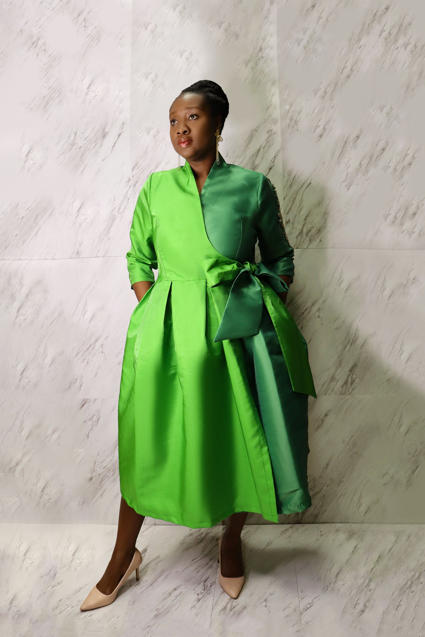 Green Colourblock Midi Wrap Dress