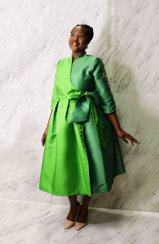 Green Colourblock Midi Wrap Dress