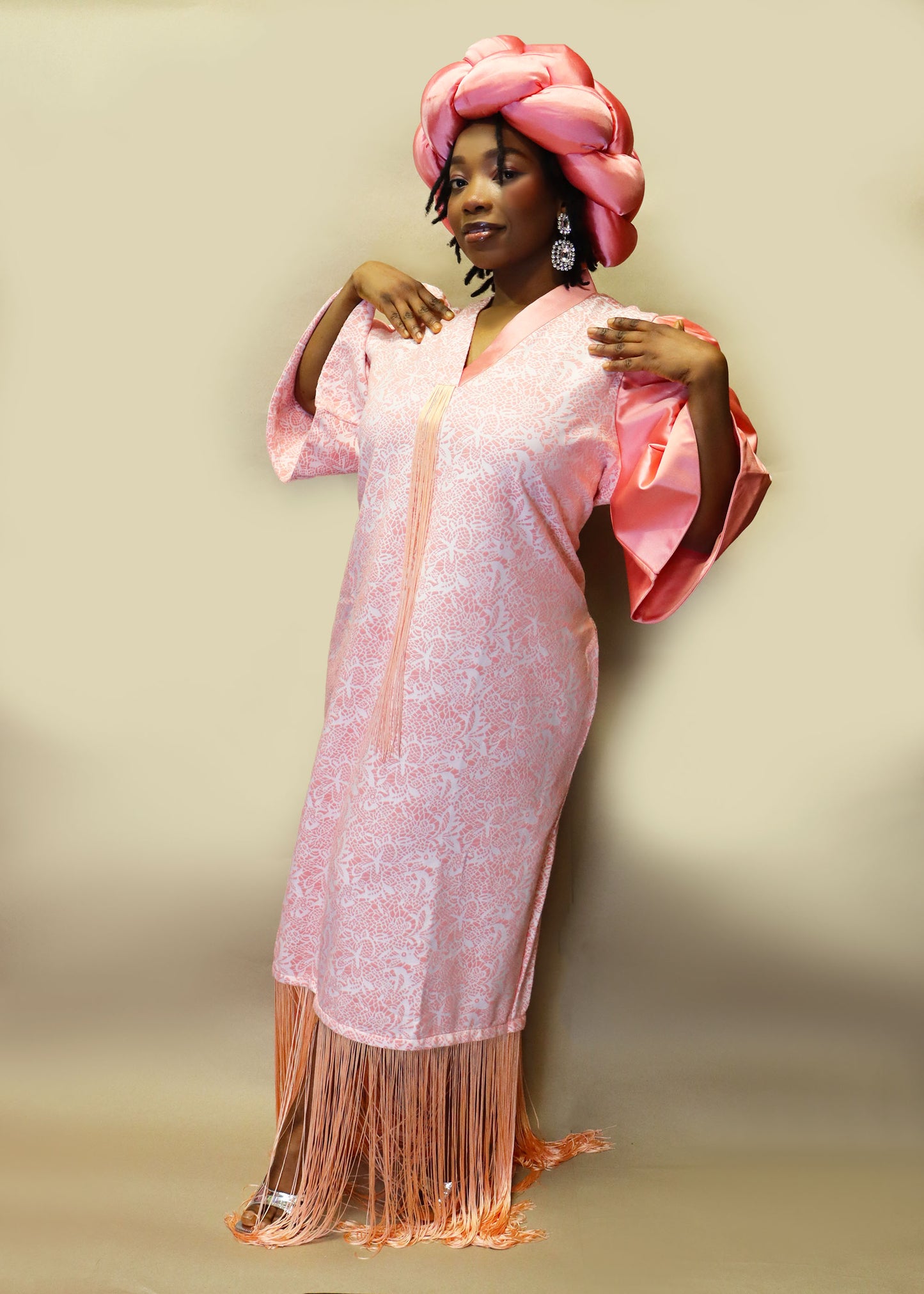 Brocade Floral Print Bubu W/ Fringe