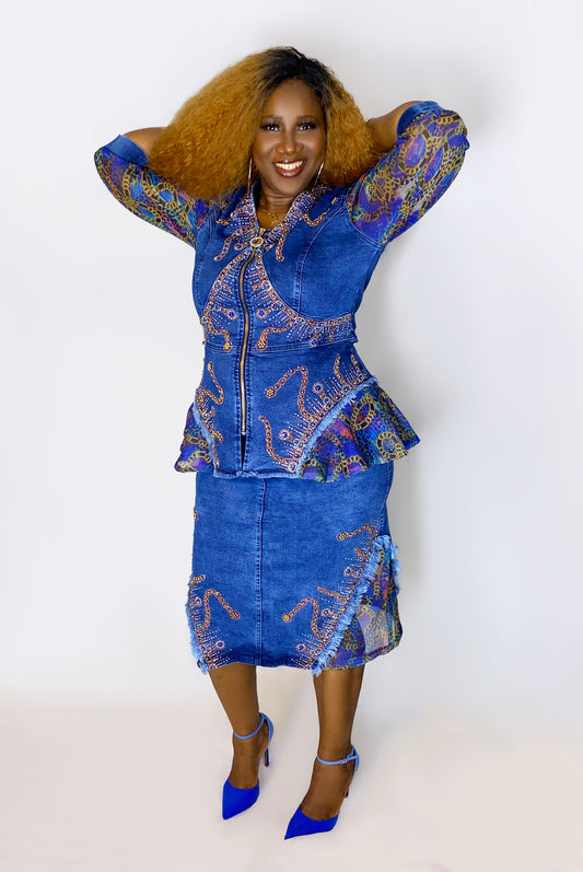 Denim Studded Skirtsuit W/ Graphic Lace Detail