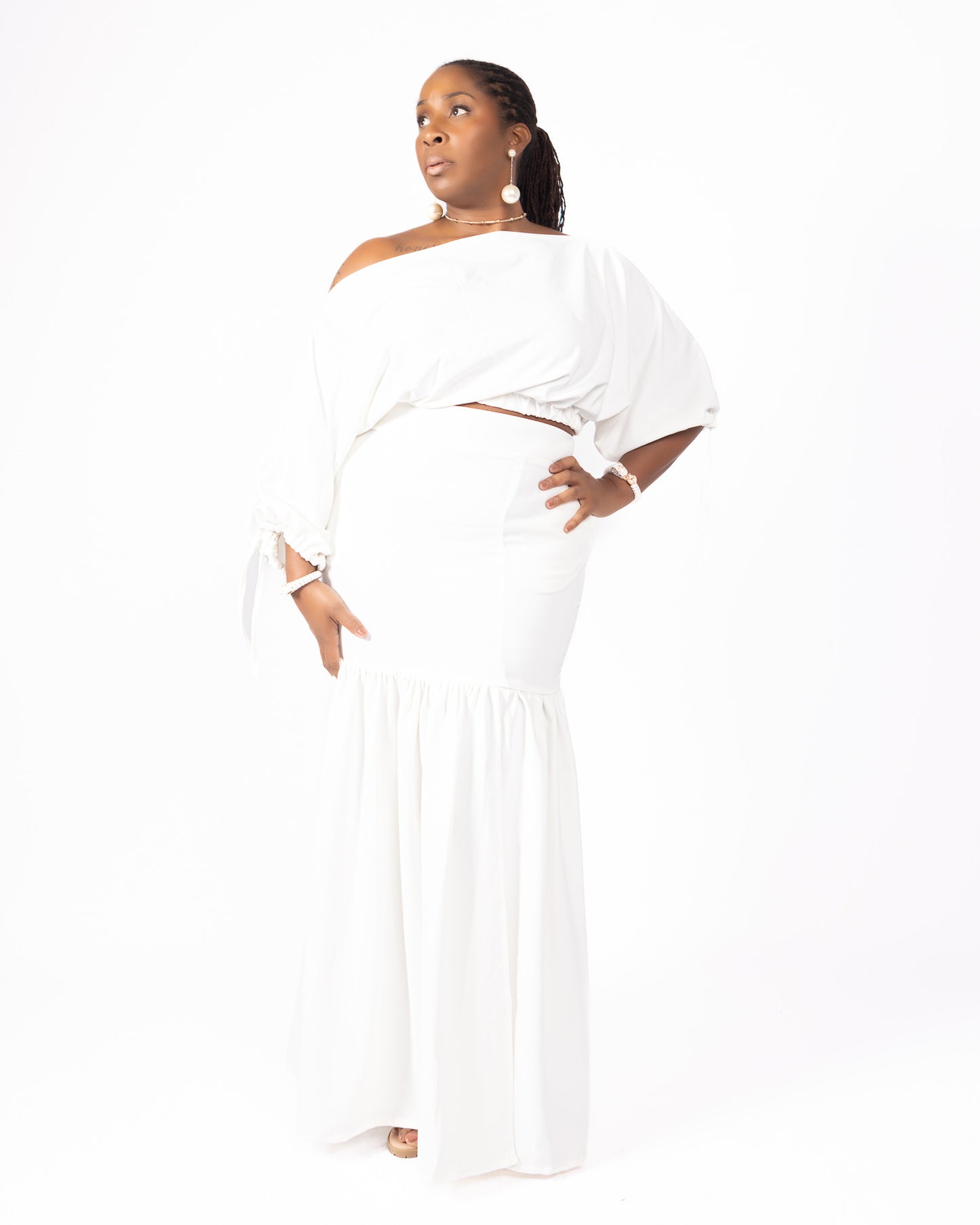 Off-Shoulder Crop Top + Ribbed Maxi Skirt