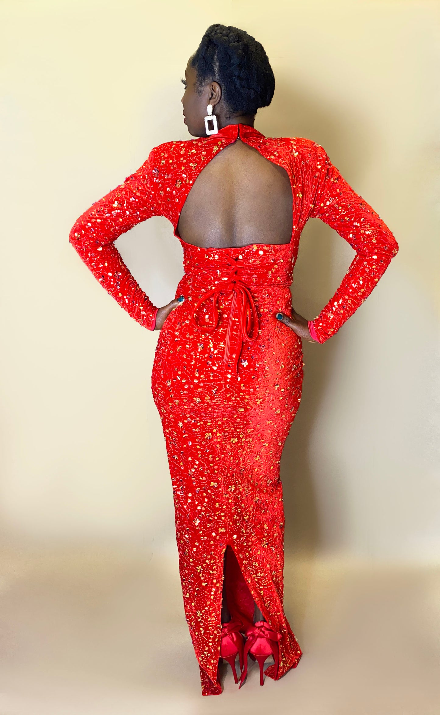 High-Neck Sequin Gown (Backless)