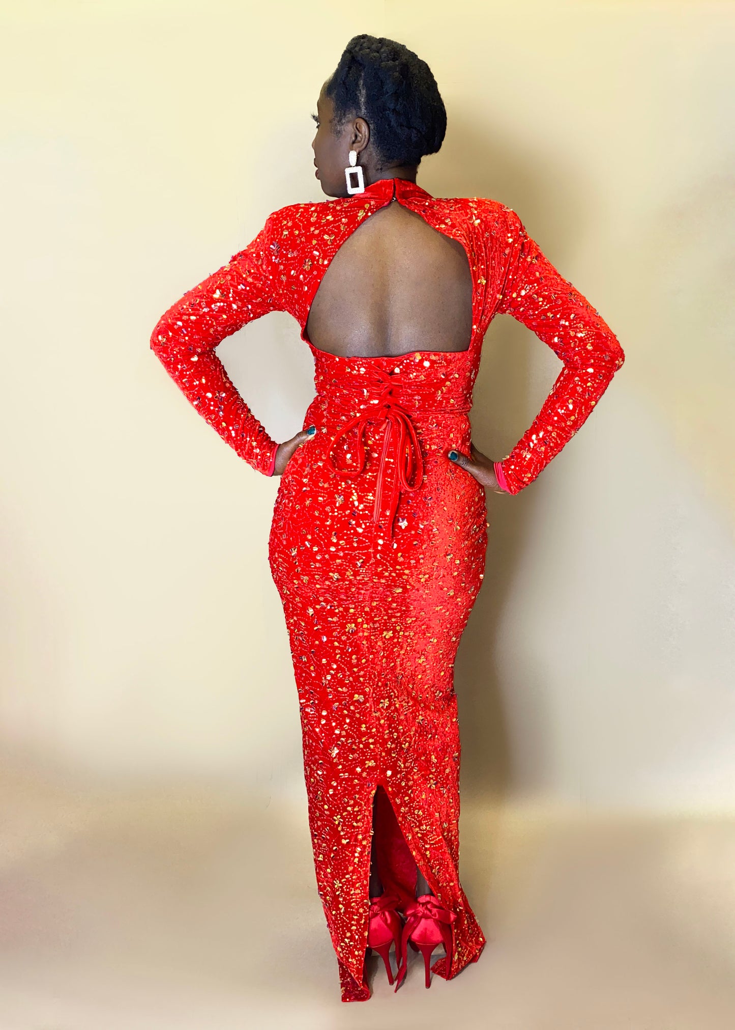 High-Neck Sequin Gown (Backless)