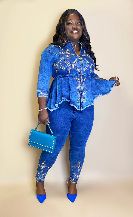 Denim Studded Pantsuit W/ Frayed Hem