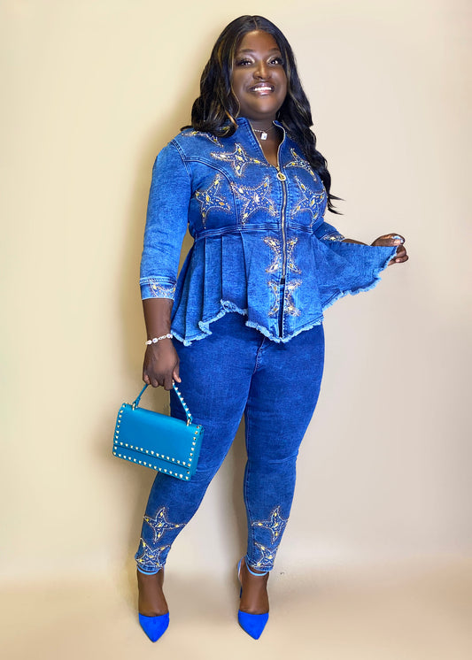 Denim Studded Pantsuit W/ Frayed Hem
