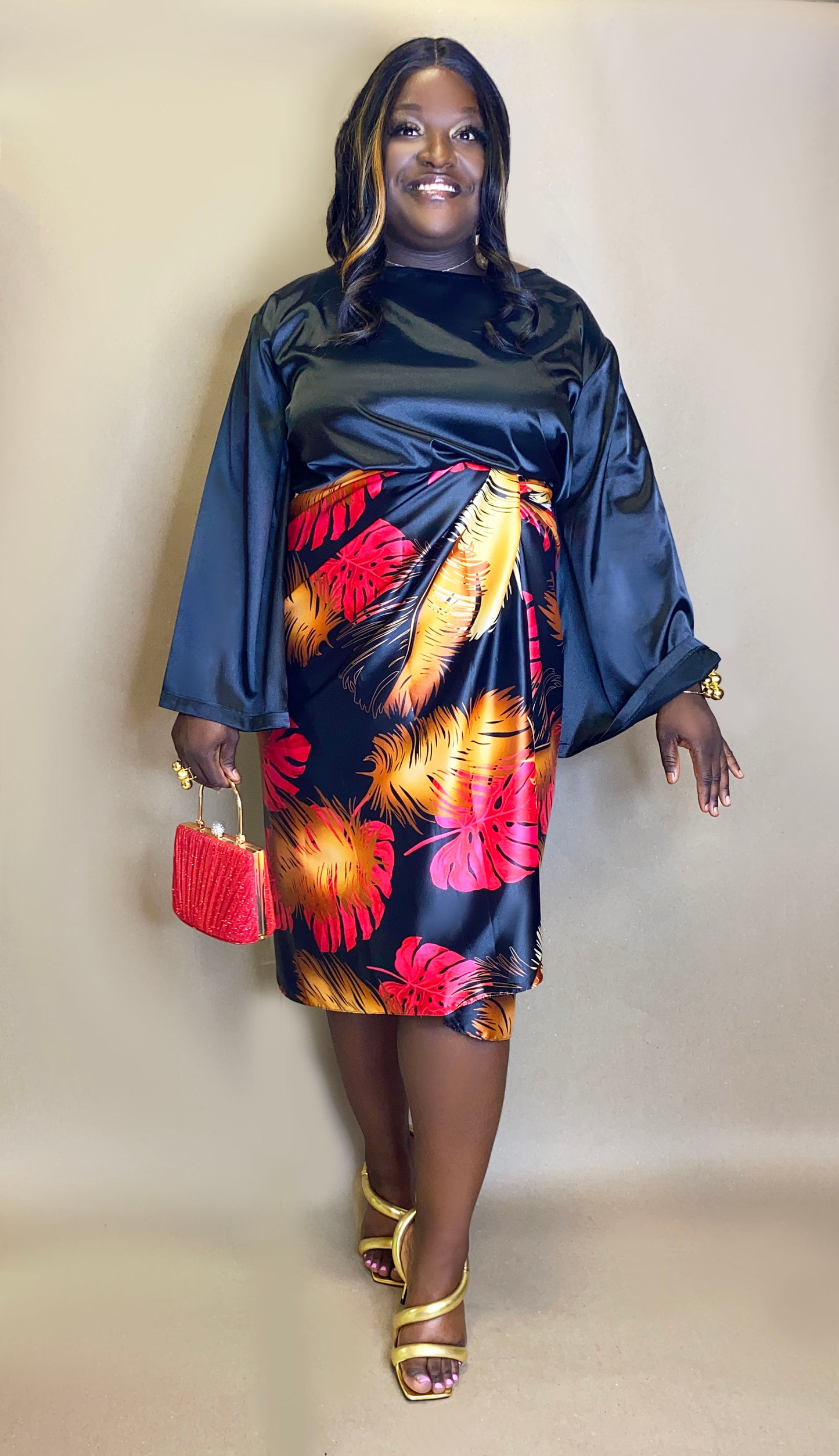 Silk Graphic Print Wrap-Skirt Set