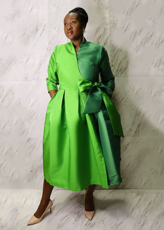Green Colourblock Midi Wrap Dress