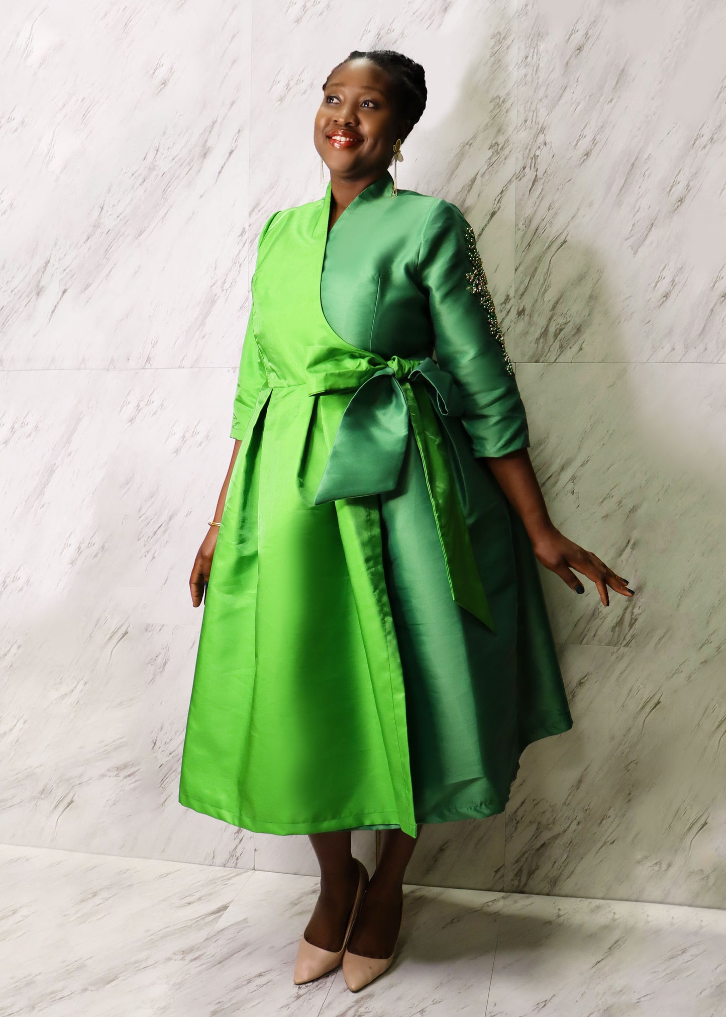 Green Colourblock Midi Wrap Dress