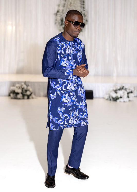 Navy Blue Floral Print Men's Native Wear Suit