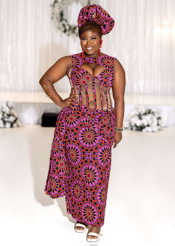 Purple Ankara Print Corset Dress W/ Train