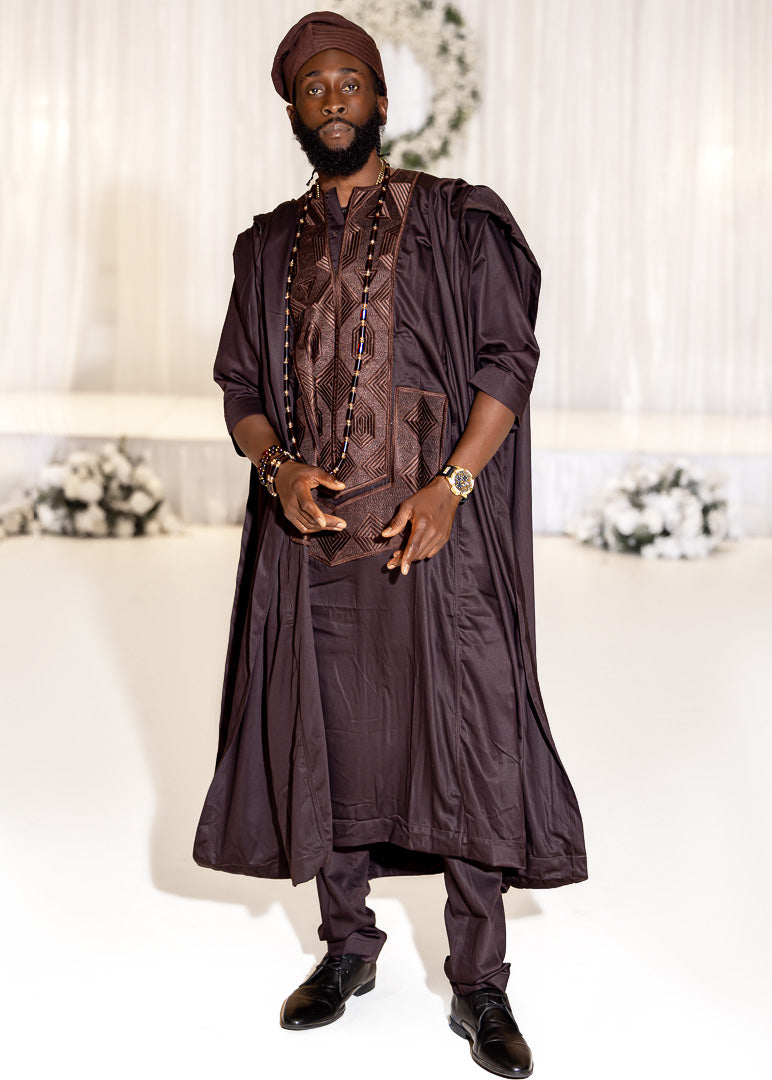 3-Piece Brown Agbada W/ Embroidery
