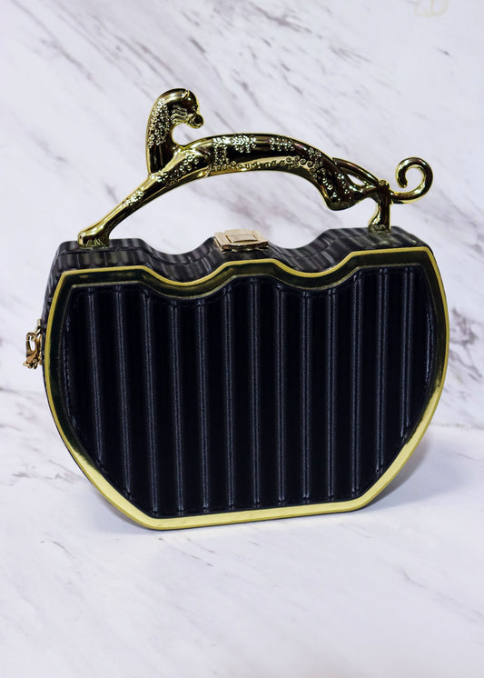 Black & Gold Jaguar Handle Clutch
