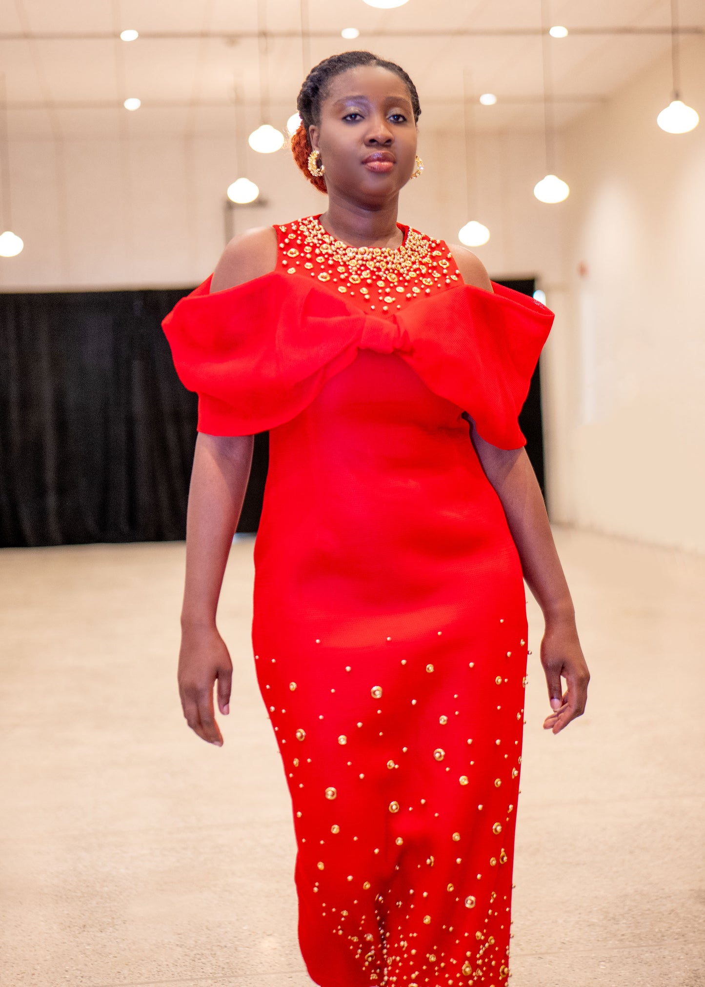 Bow Statement Dress W/ Rhinestones in Red