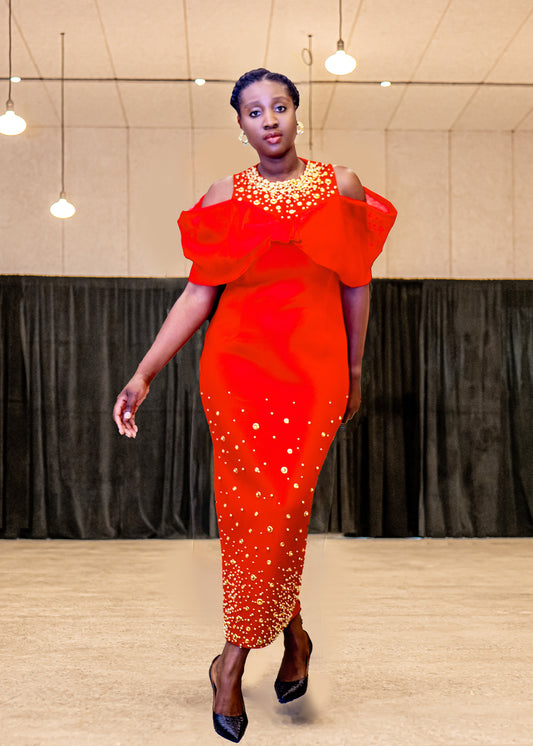 Bow Statement Dress W/ Rhinestones in Red