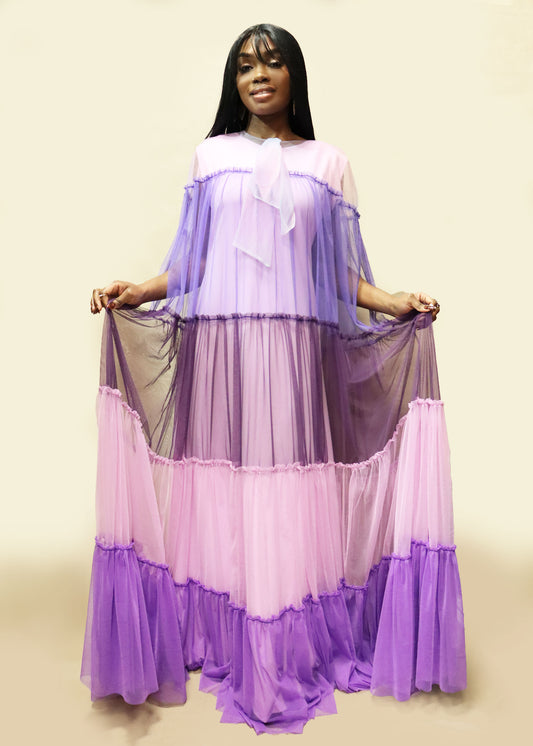 Tulle Colour-Block Cape Dress