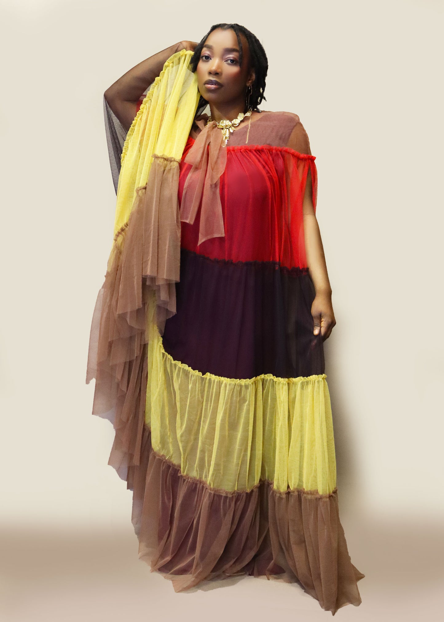 Tulle Colour-Block Cape Dress