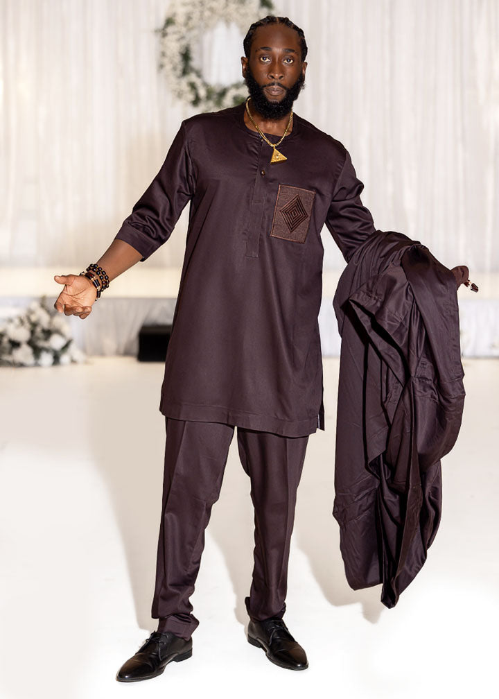 3-Piece Brown Agbada W/ Embroidery