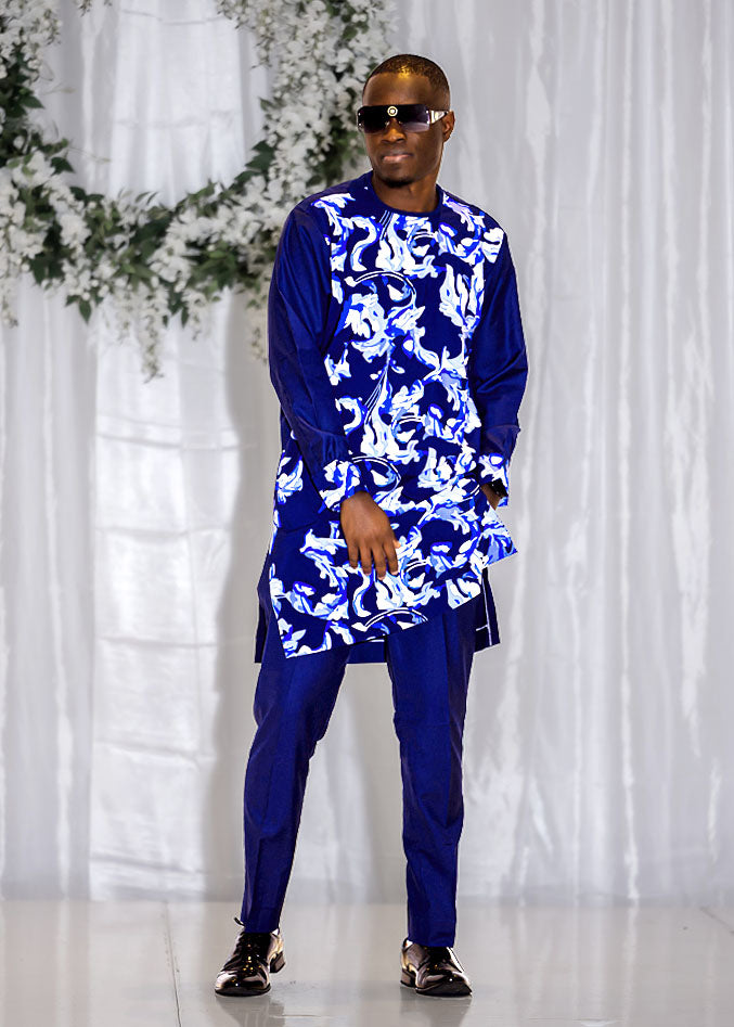 Navy Blue Floral Print Men's Native Wear Suit