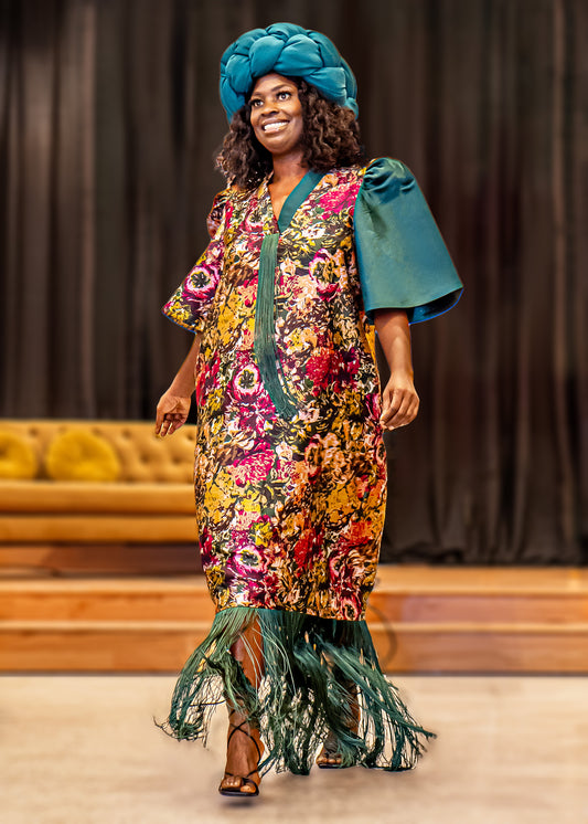 Brocade Floral Print Bubu W/ Fringe